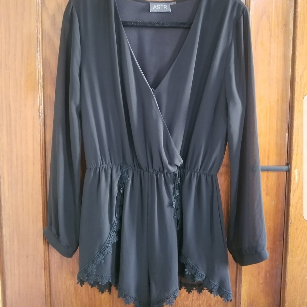 ASTR The Label Black Crochet Long-sleeve Romper